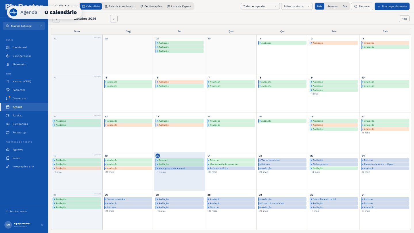 No Calendário ficam todas as consultas da clínica, inclusive as que o agente marca pelo WhatsApp.