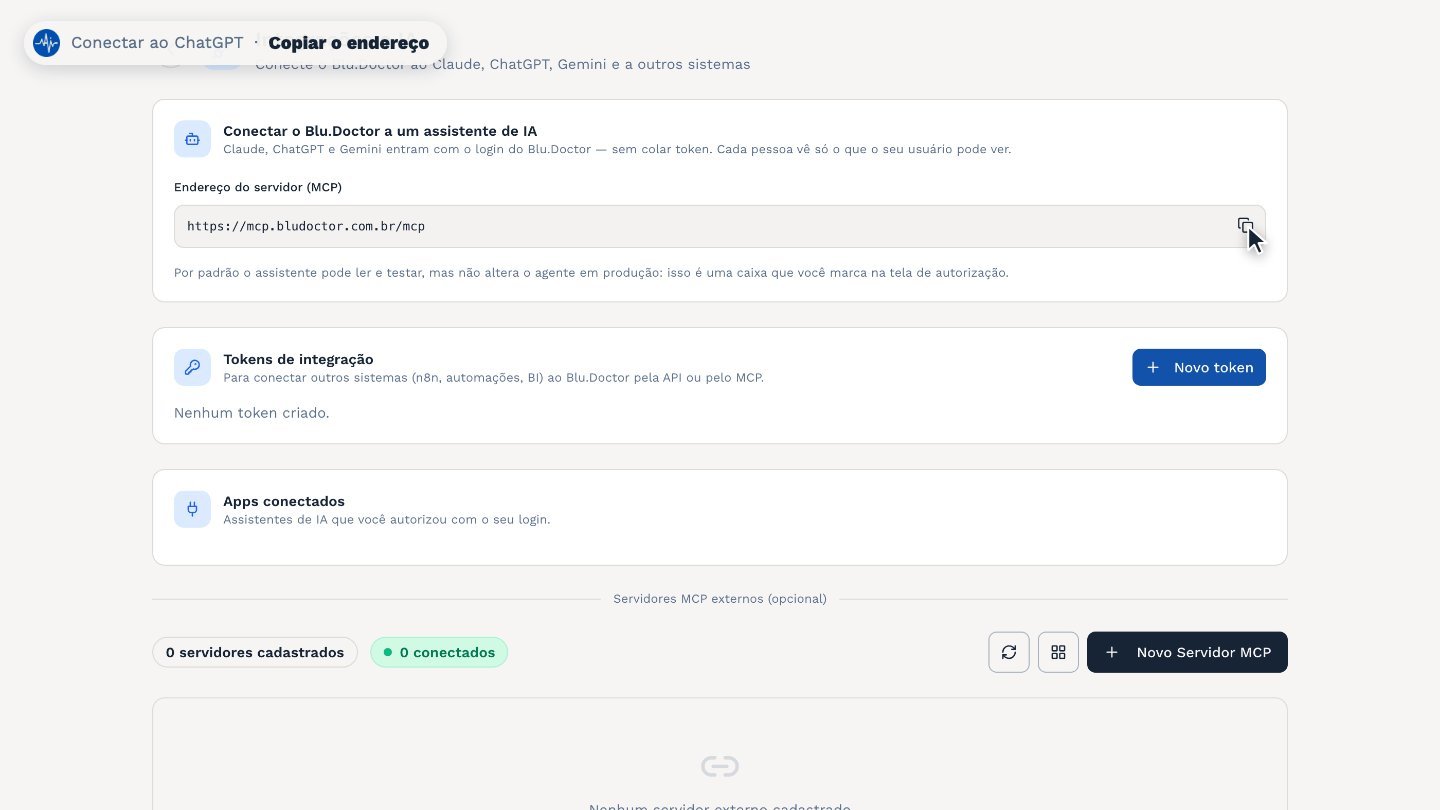 Agora, no BluDoctor, abra Integrações e IA e copie o endereço do servidor, no botão ao lado.