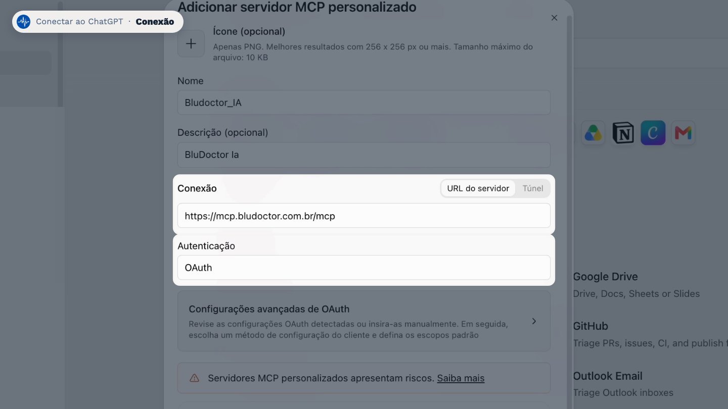 De volta ao ChatGPT, cole o endereço em Conexão. A autenticação fica como OAuth.
