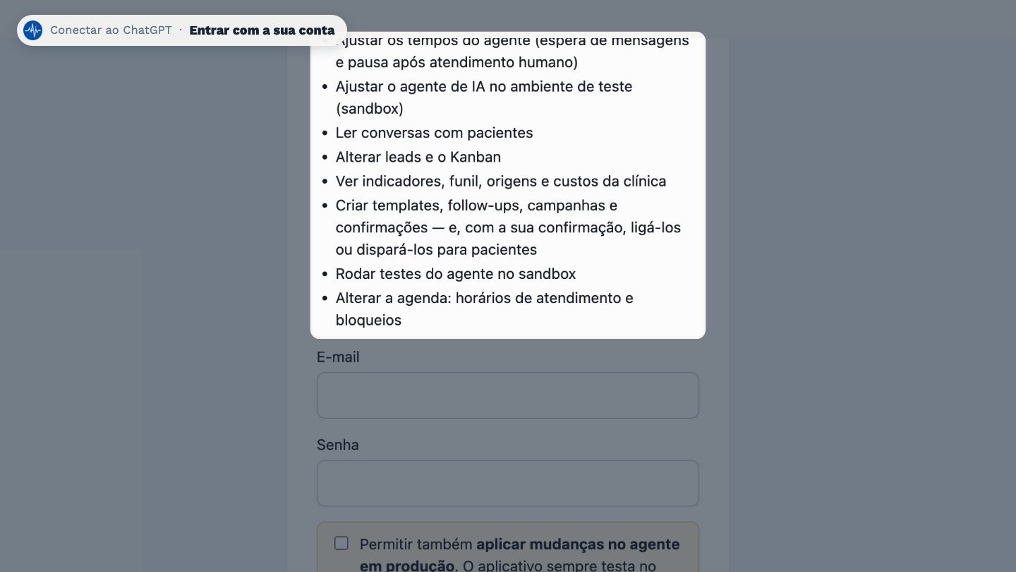 Abre a tela do BluDoctor, com tudo o que o ChatGPT vai poder fazer na sua clínica.