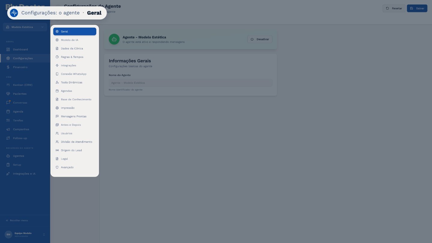 As Configurações ficam organizadas neste menu. Este vídeo mostra as seções do agente.