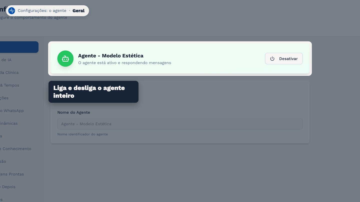 No topo de cada seção, você vê se o agente está ativo. Desativar faz ele parar de responder todas as conversas.