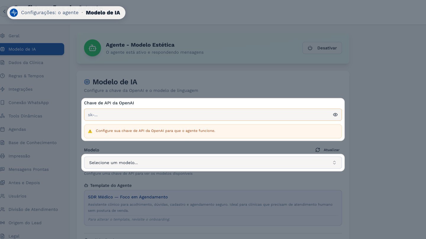 Em Modelo de IA, cole a chave da OpenAI. Sem ela, o agente não funciona. Depois, escolha o modelo.