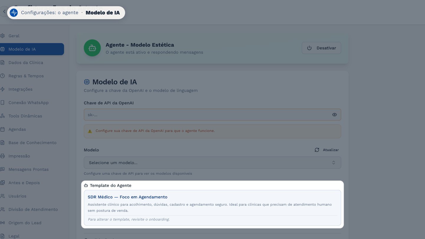 O template mostra o jeito de atender que o agente segue. Para trocar, refaça o Setup.
