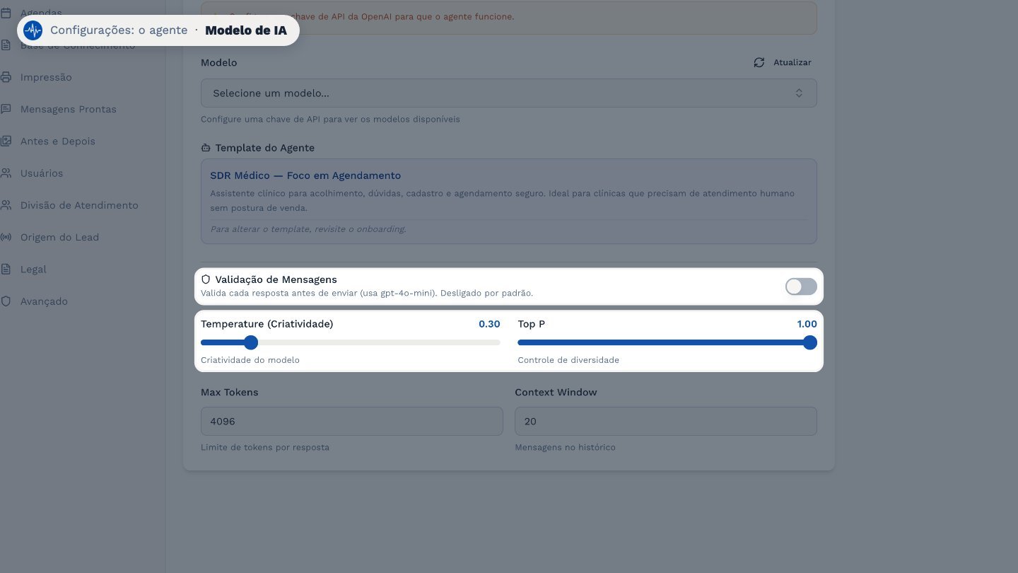 Mais abaixo ficam os ajustes finos, como a validação de cada resposta e a criatividade. Na dúvida, deixe como está.