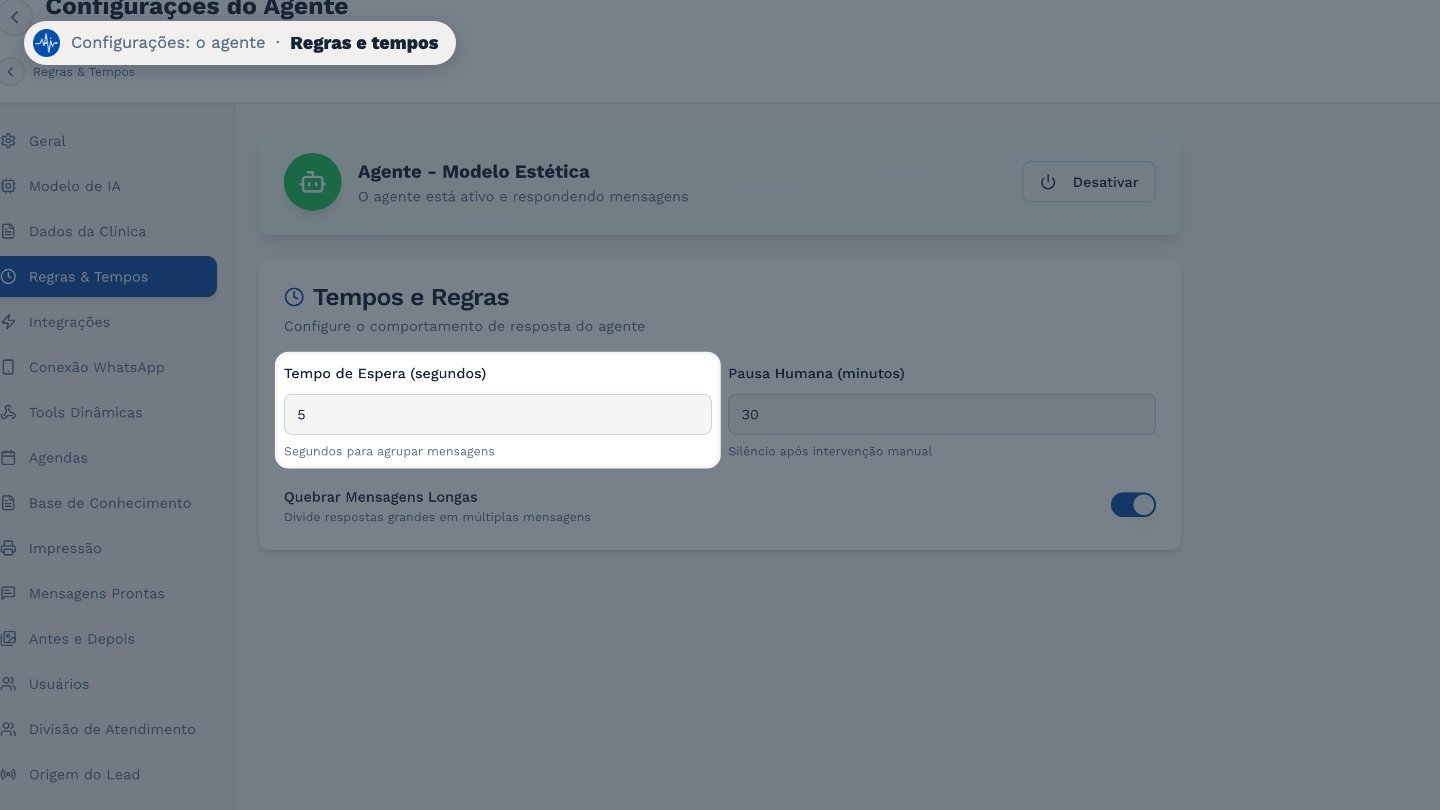 Em Regras e Tempos, o tempo de espera é quanto o agente aguarda para juntar mensagens seguidas do paciente antes de responder.