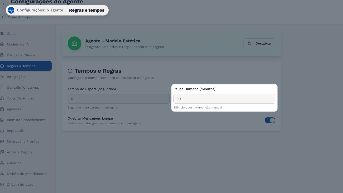 A pausa humana é quanto tempo o agente fica em silêncio depois que alguém da equipe responde na conversa.
