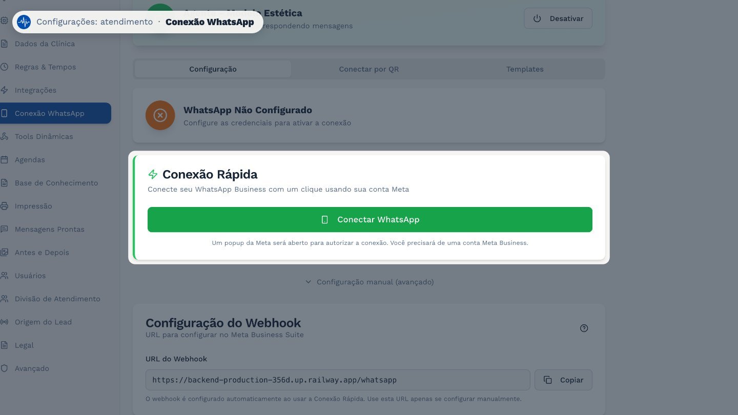 Em Conexão WhatsApp, o jeito mais fácil é a Conexão Rápida: clique em Conectar WhatsApp e autorize com a sua conta Meta Business.