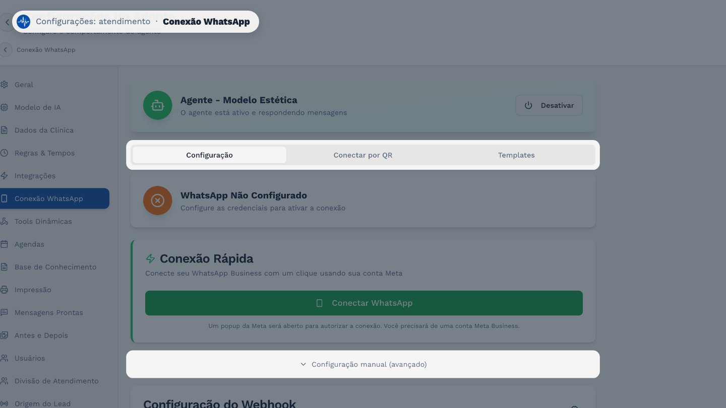 Também dá para conectar por QR code, ou colar as credenciais na configuração manual. E, na aba Templates, ficam as mensagens aprovadas pela Meta.