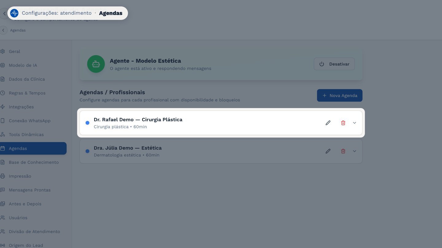 Em Agendas, cada profissional tem a sua agenda, com a duração das consultas, a disponibilidade e os bloqueios.