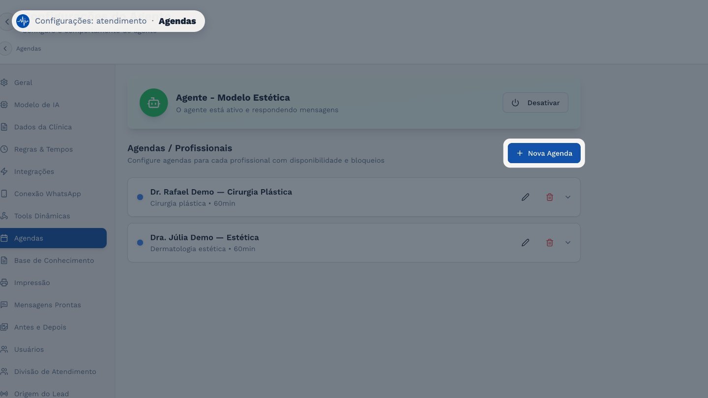 Para um profissional novo, clique em Nova Agenda.