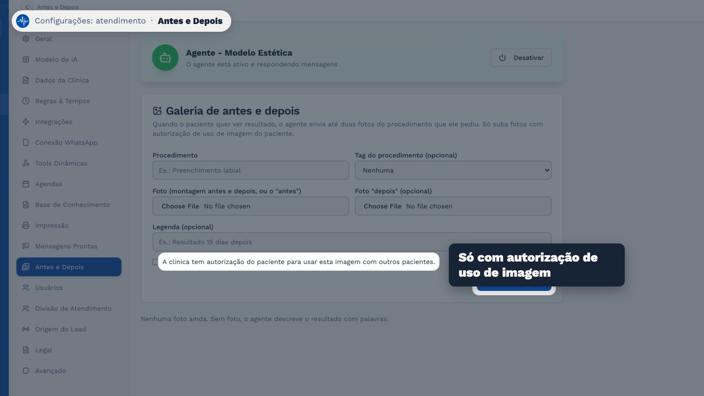 Escolha o procedimento, suba as fotos e marque que a clínica tem a autorização do paciente para usar a imagem.