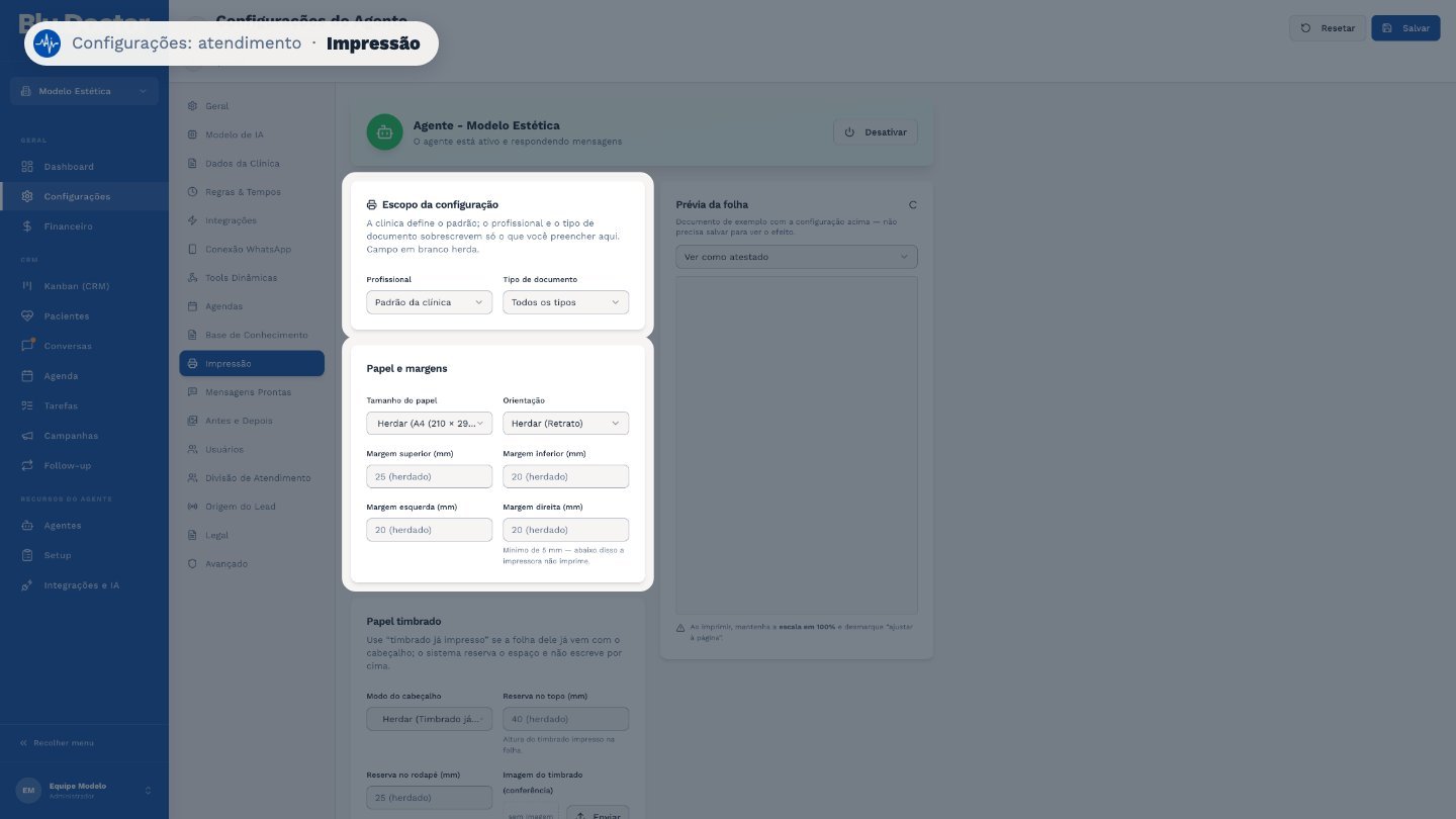 Em Impressão, você configura como saem os documentos do prontuário, como receitas e atestados: o papel, as margens, o papel timbrado, a assinatura e o rodapé.