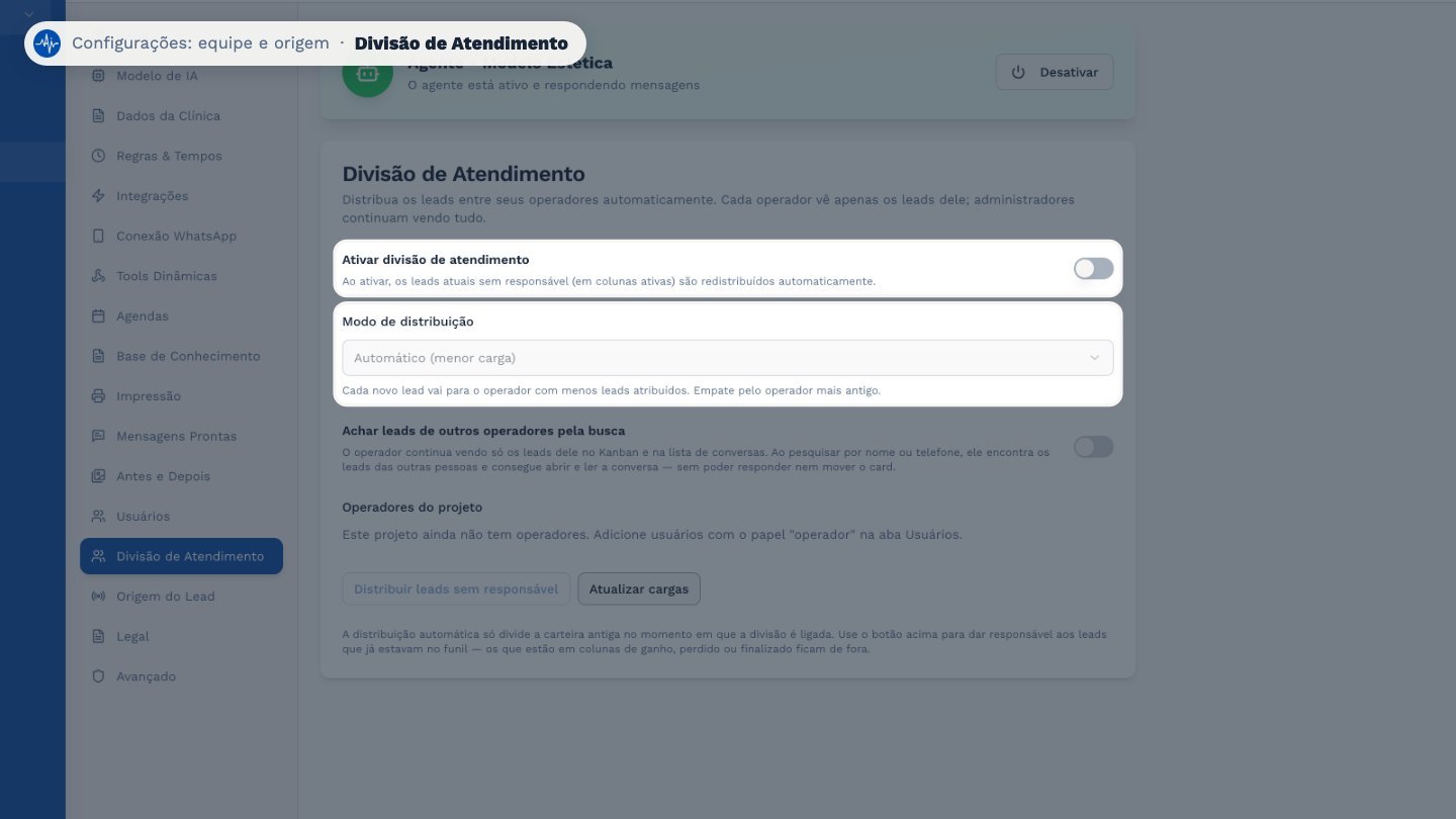 Com a Divisão de Atendimento ligada, os leads novos são distribuídos entre os operadores, e cada um vê só os seus. Administradores continuam vendo tudo.