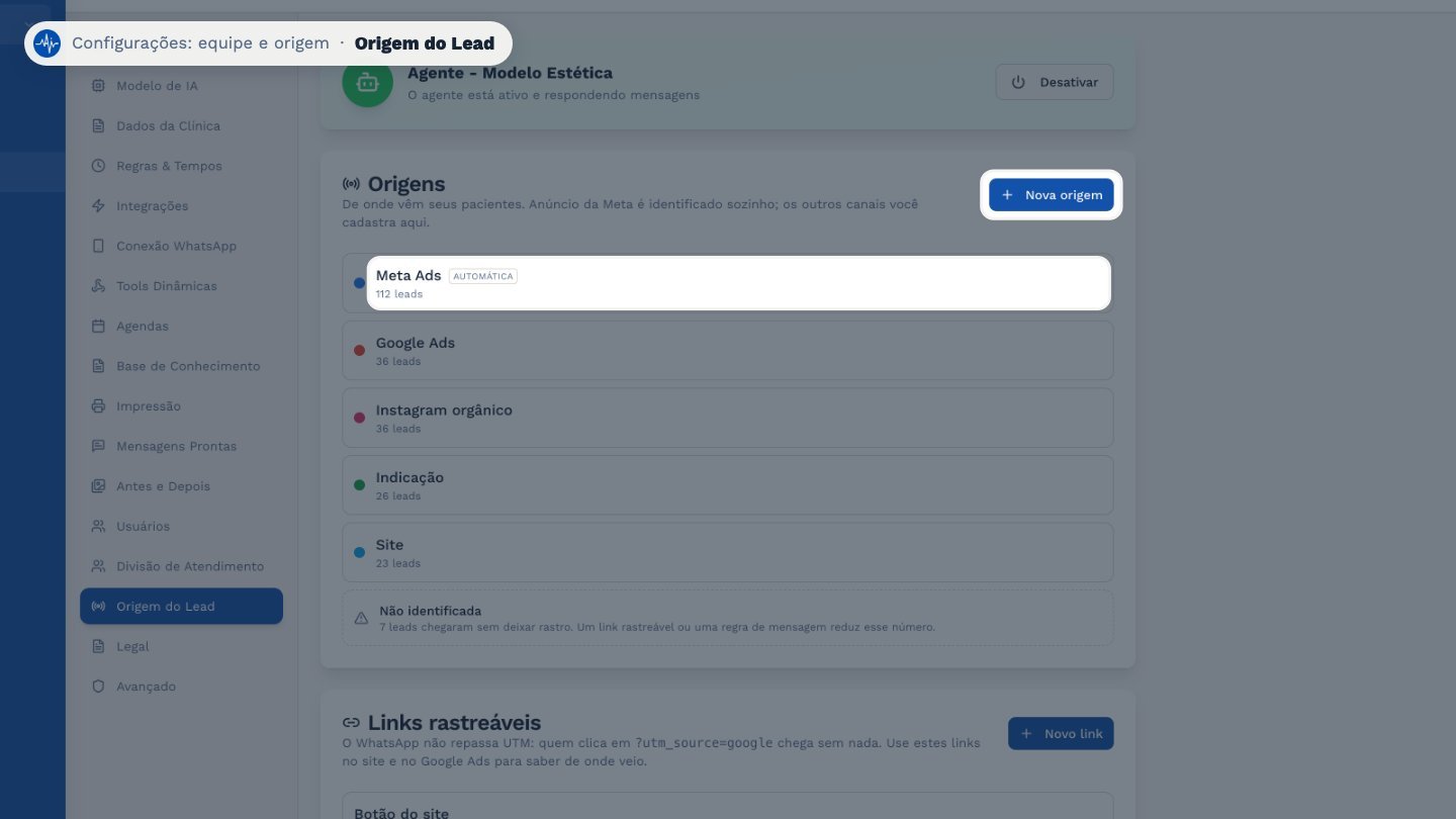 Em Origem do Lead, você vê de onde vêm os pacientes. Quem chega por anúncio da Meta é identificado sozinho. As outras origens, você cadastra aqui.