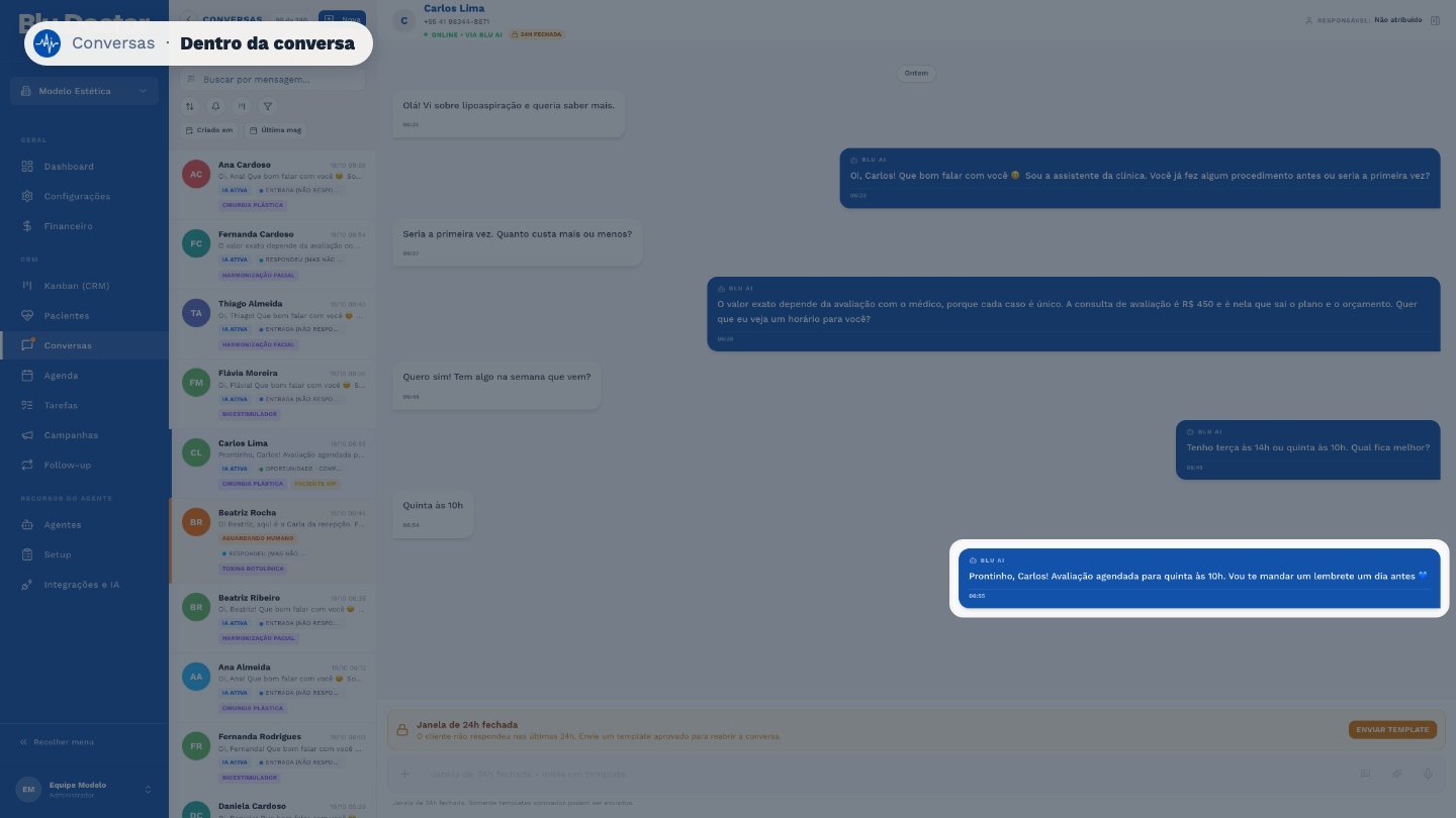 Ao abrir uma conversa, você vê todo o histórico. As mensagens do agente aparecem como Blu AI.