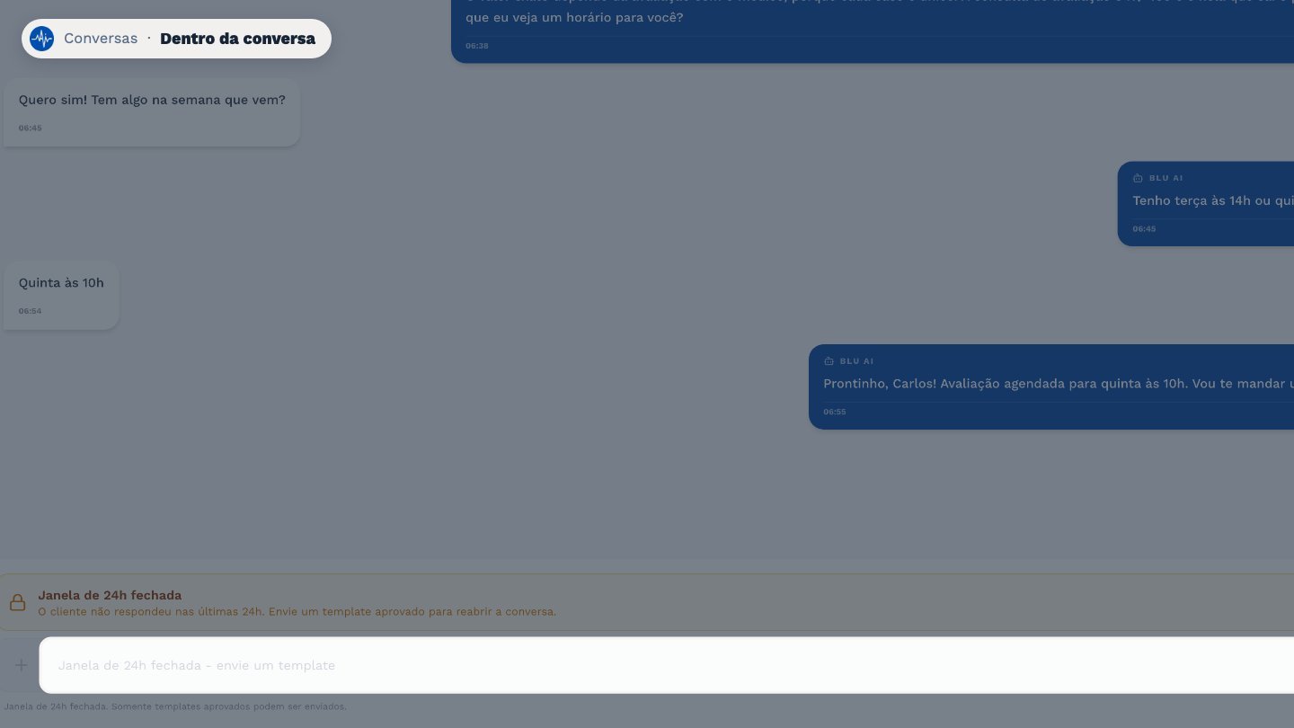Com a janela aberta, é só digitar aqui para assumir a conversa. A mensagem sai como da equipe, e o agente faz uma pausa pelo tempo definido nas configurações.