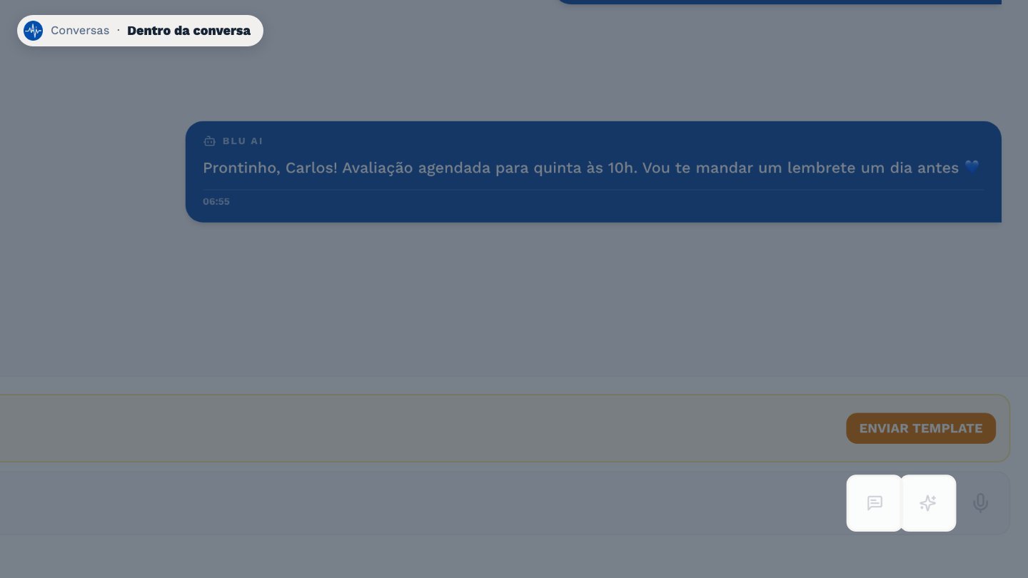 Ao lado ficam as mensagens prontas e o botão que gera uma sugestão de resposta com IA.