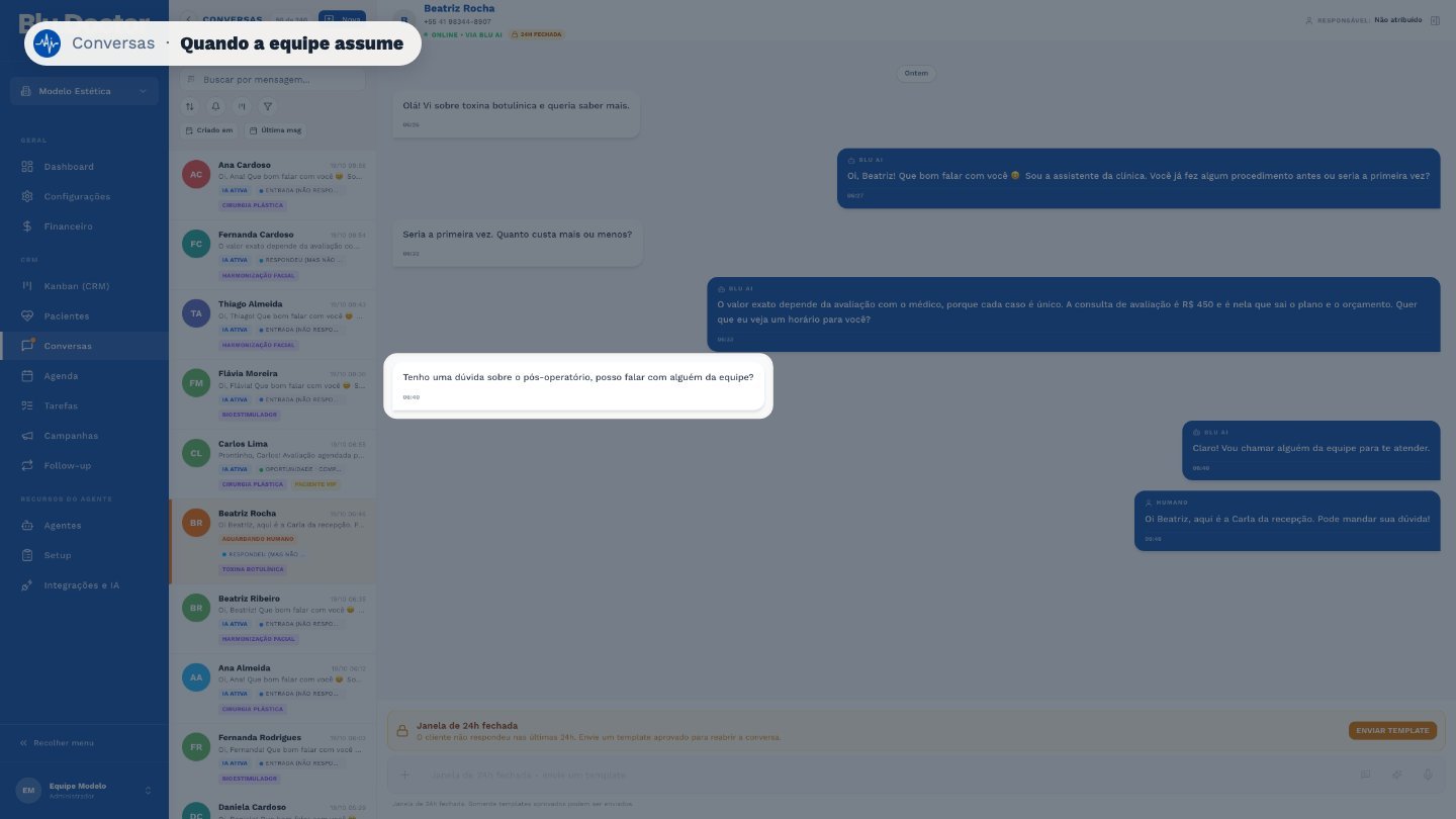 Neste exemplo, a paciente pediu para falar com a equipe. O agente avisou, e a recepção assumiu.
