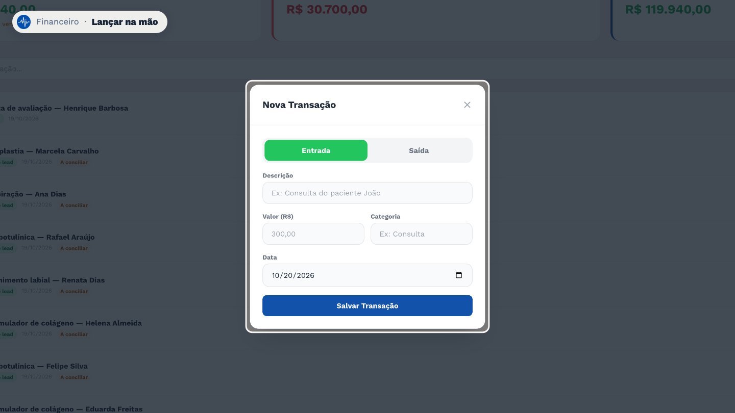 Para lançar outra entrada, ou uma despesa como materiais e aluguel, use Nova Transação. Escolha entrada ou saída, e preencha a descrição, o valor, a categoria e a data.