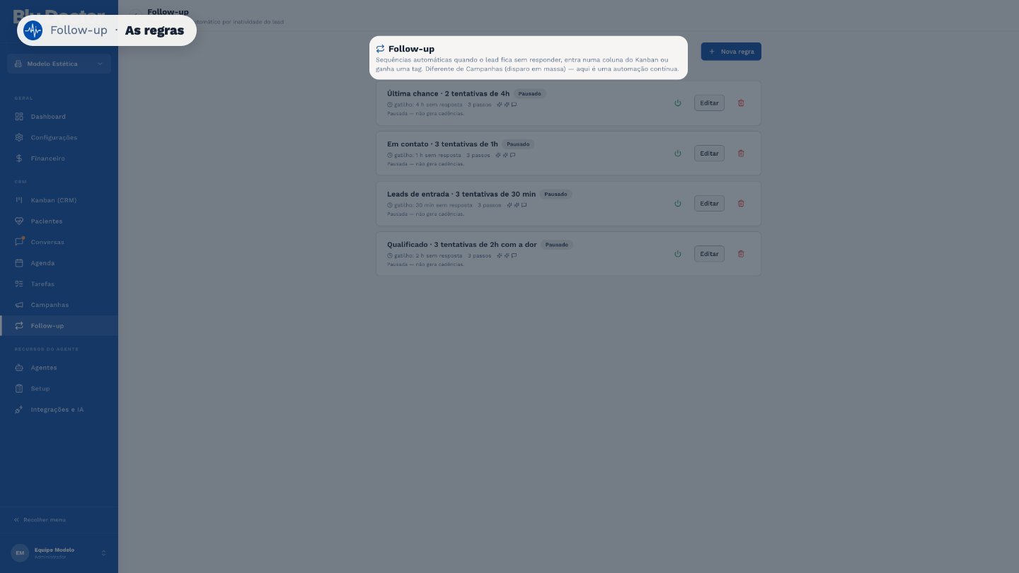 O follow-up é uma automação contínua: manda uma sequência de mensagens quando o lead fica sem responder, entra numa coluna do Kanban ou ganha uma tag.
