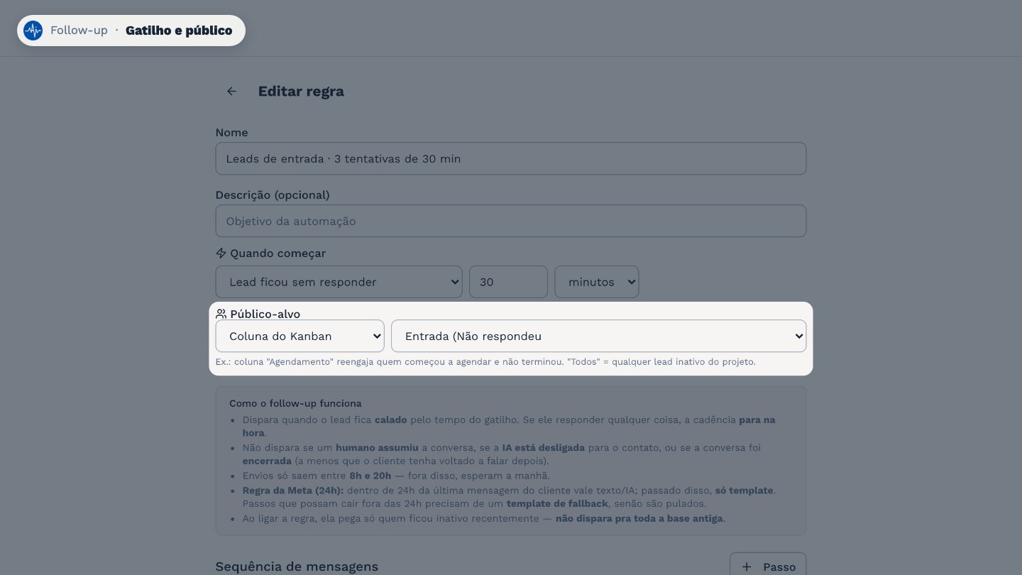E para quem: todos os leads inativos, ou só os de uma coluna do Kanban.