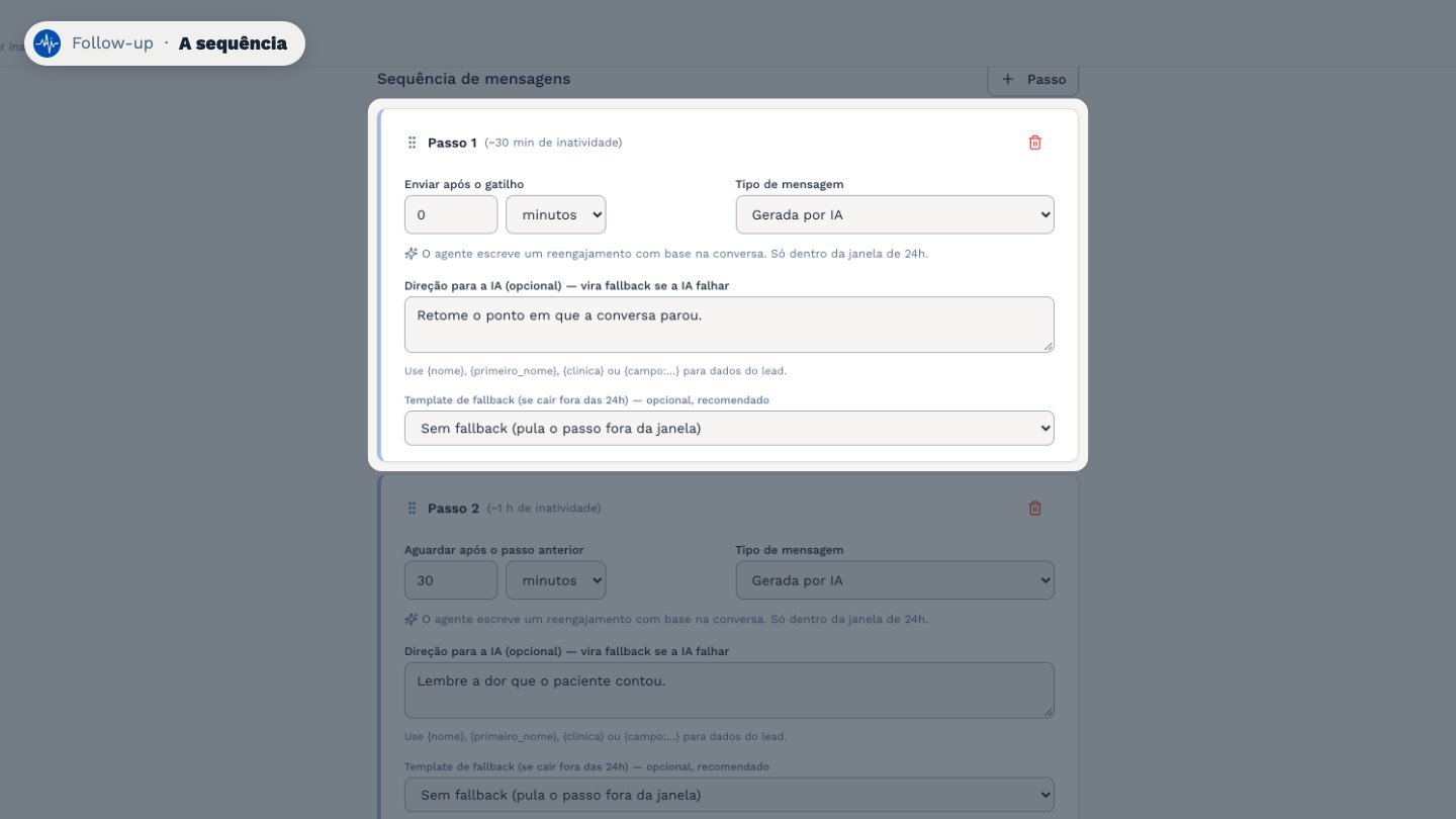 Depois, monte a sequência. Cada passo tem um tempo de espera e um tipo de mensagem.