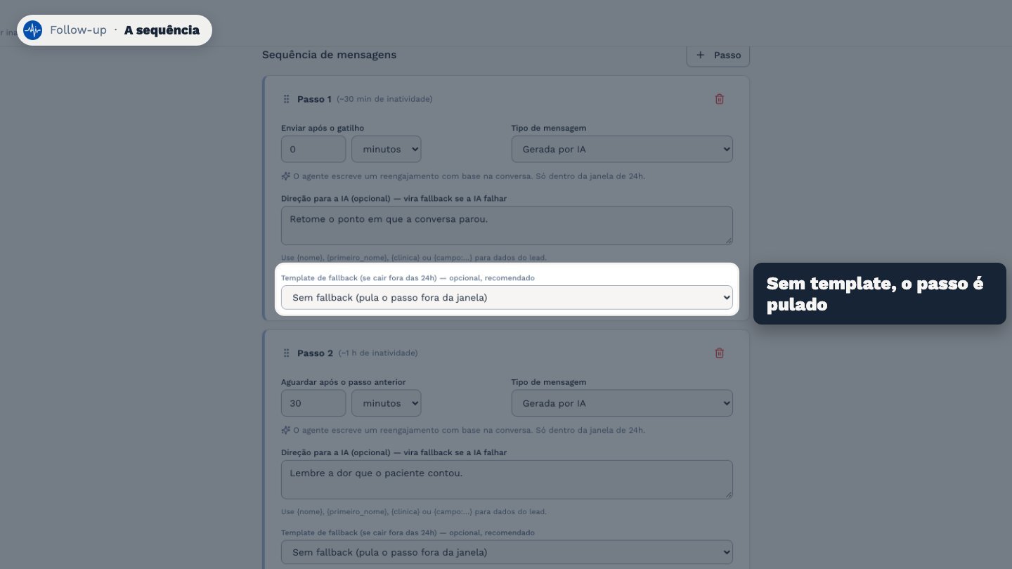 Passou de vinte e quatro horas desde a última mensagem do paciente, só um template chega. Por isso, escolha um template de reserva para os passos mais longos.