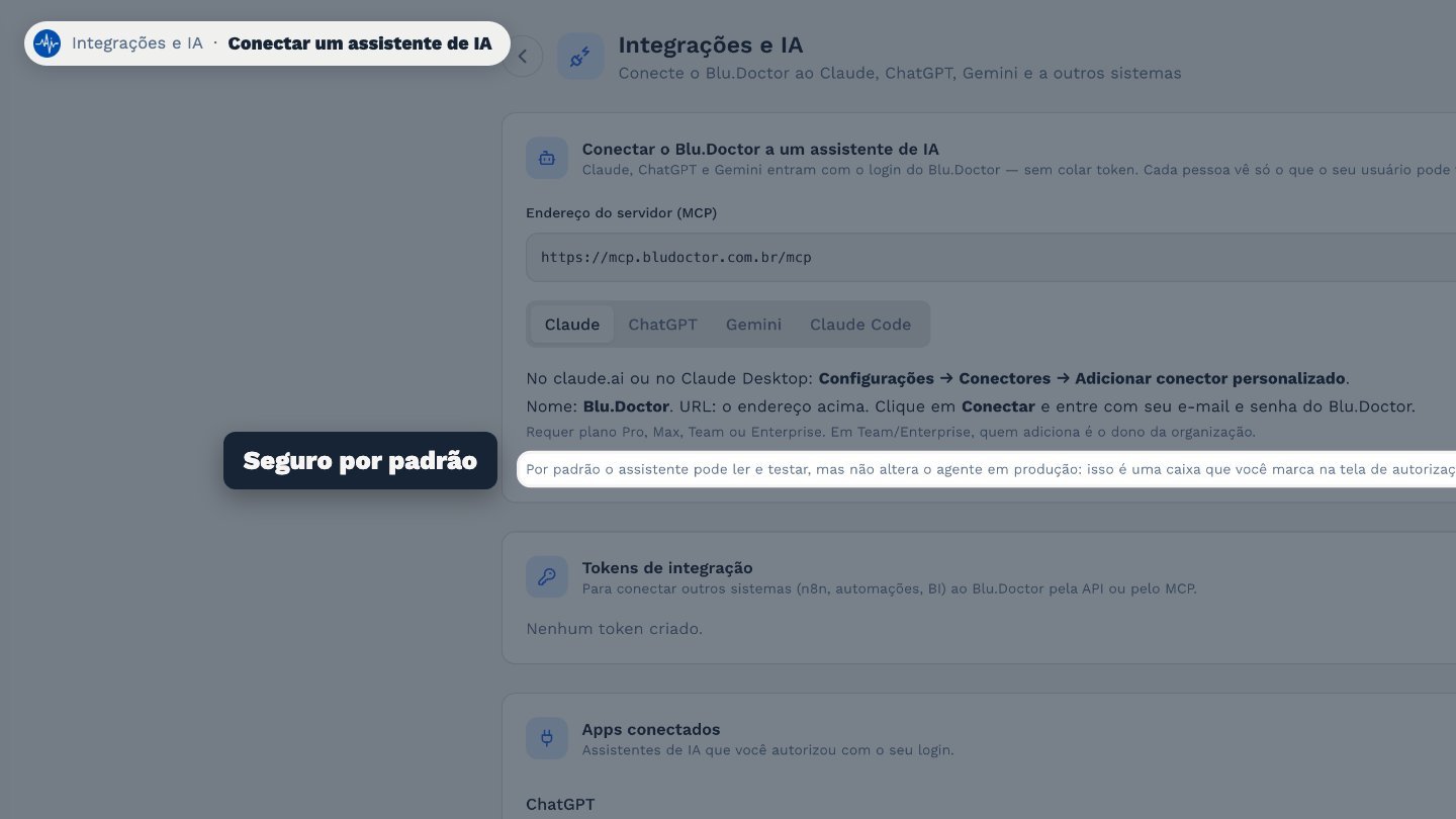 Cada pessoa vê só o que o seu usuário pode ver. E, por padrão, o assistente lê e testa, mas não altera o agente que atende os pacientes.