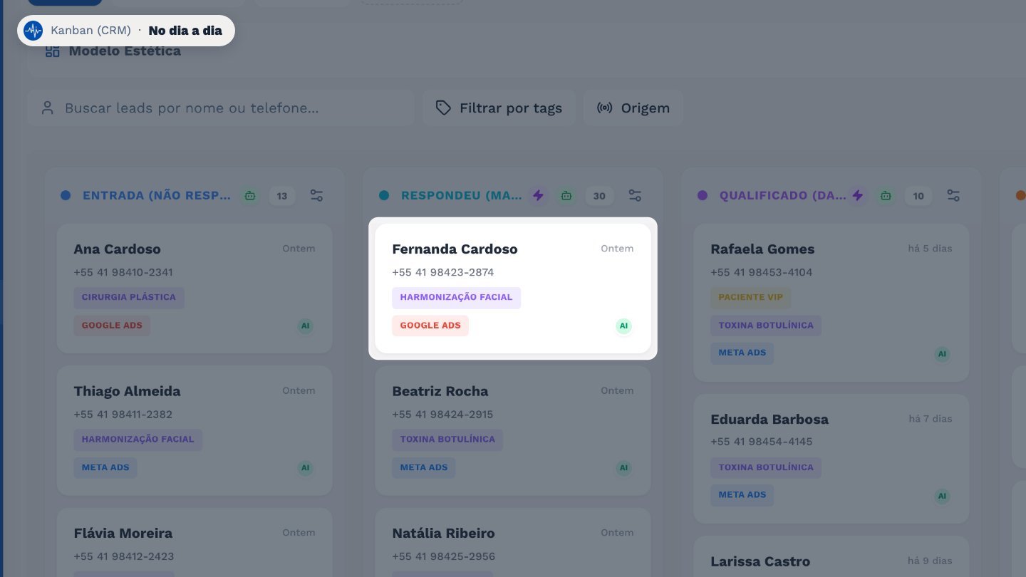 No card você vê o nome, o telefone, há quanto tempo o lead chegou, as tags e a origem.