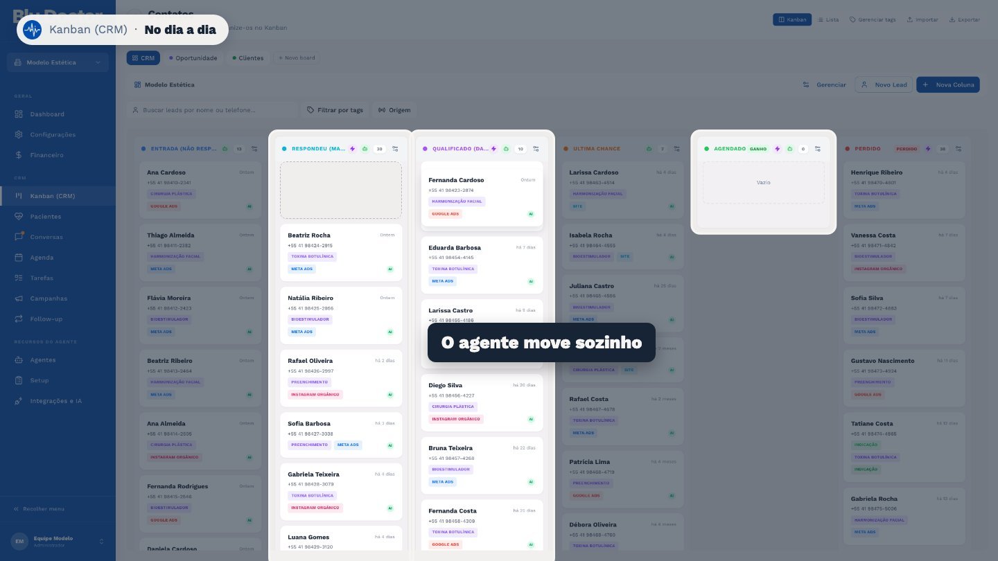 Durante a conversa, o próprio agente também move os leads de etapa, seguindo a descrição de cada coluna.