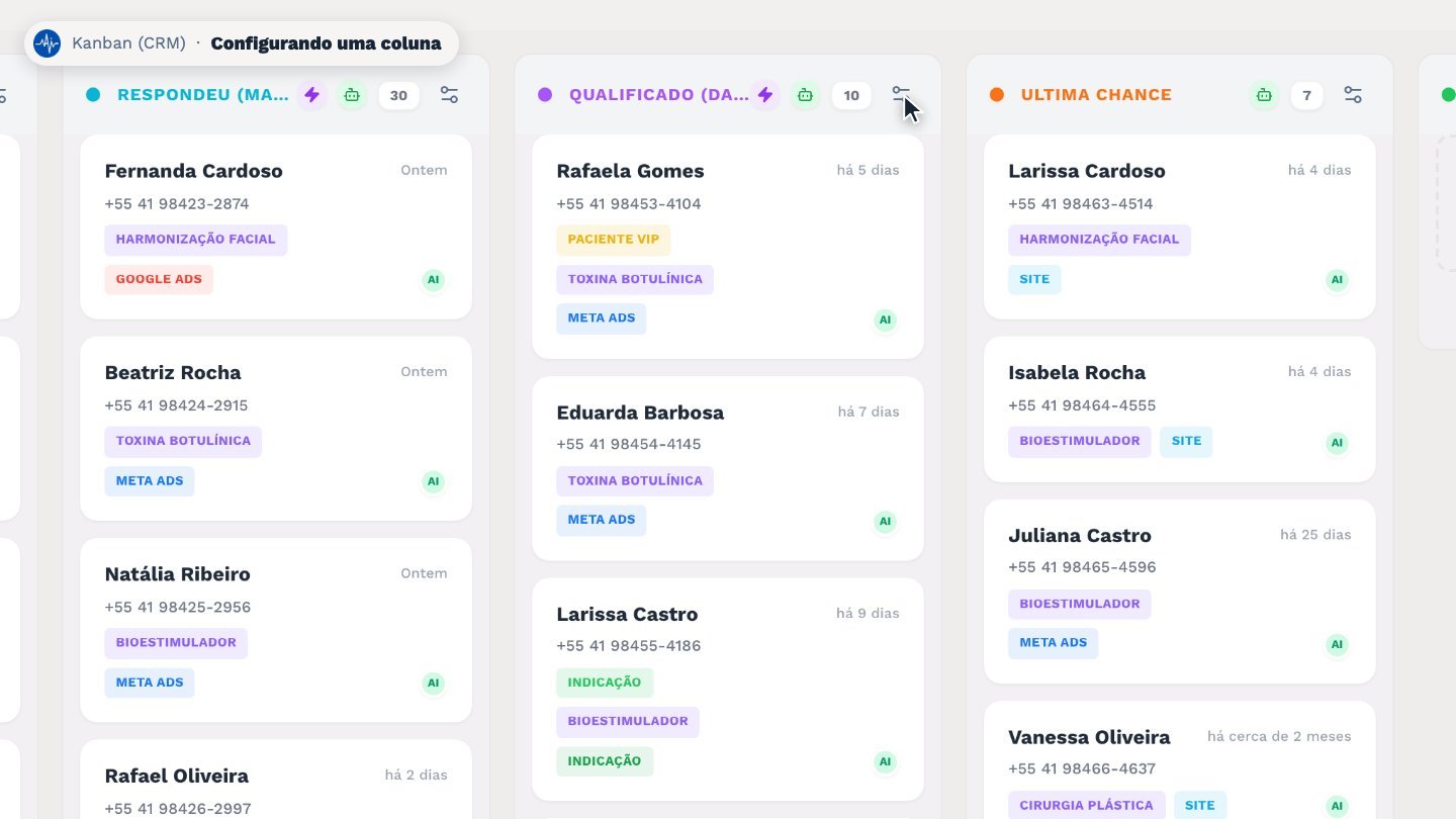 Para configurar a coluna, clique no ícone de ajustes, ao lado do contador.