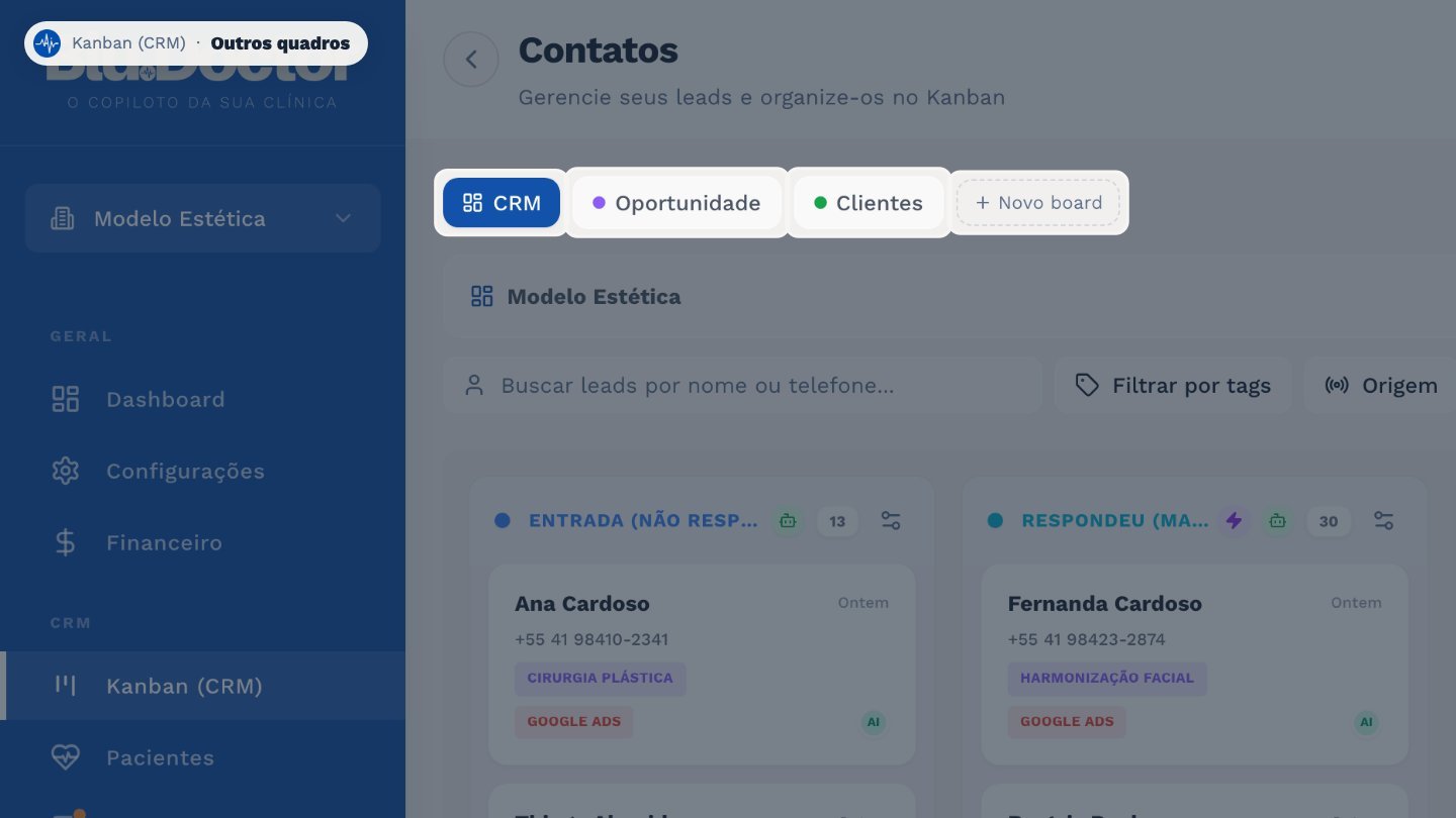 Além do funil principal, você pode ter outros quadros, que a equipe movimenta. Eles ficam nestas abas.