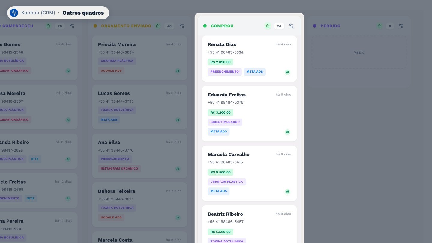 Em Comprou, cada card mostra o valor da venda, que também aparece no Financeiro.