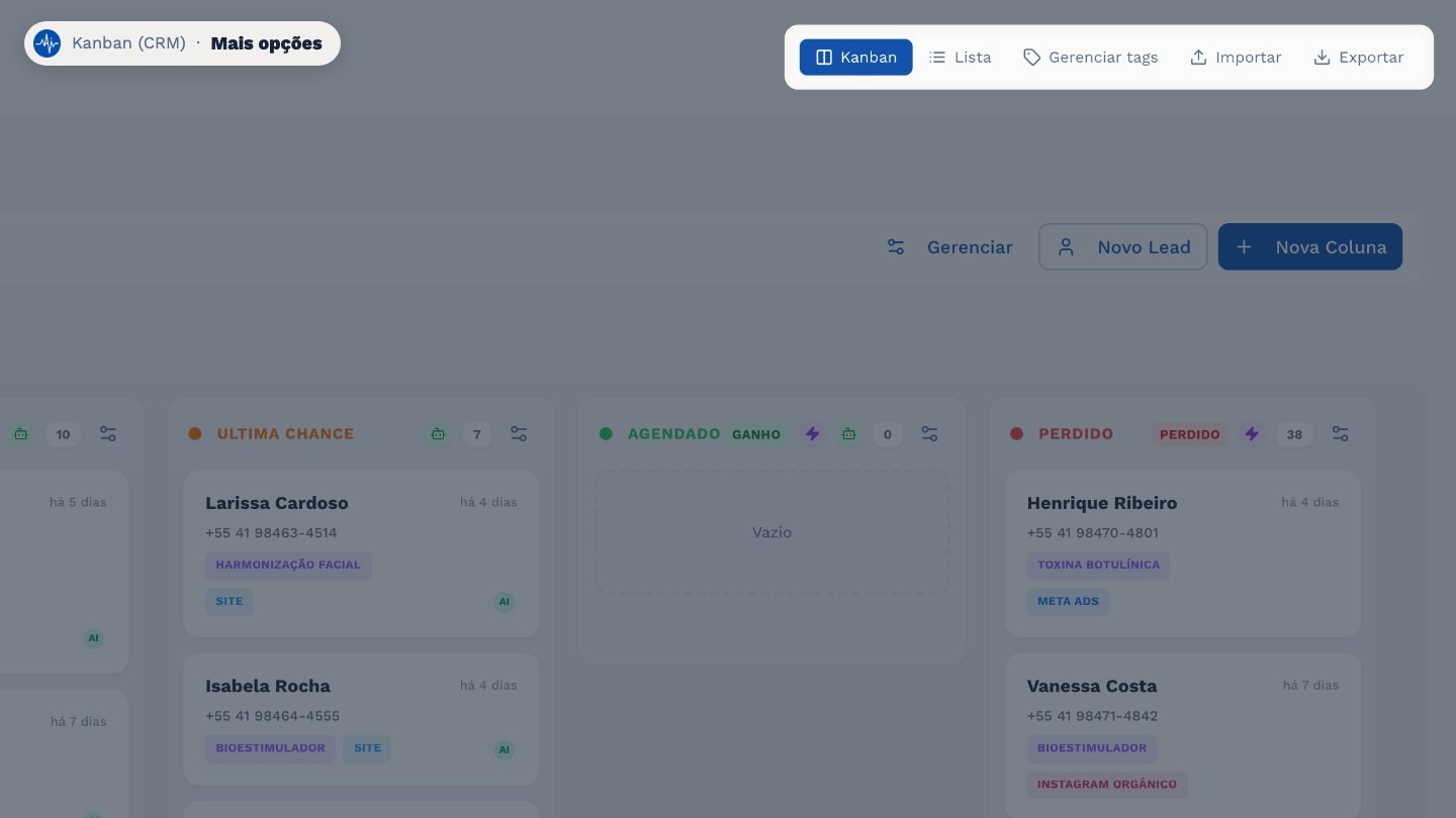 No topo, você alterna entre Kanban e Lista, organiza as tags, e importa ou exporta os leads em planilha.