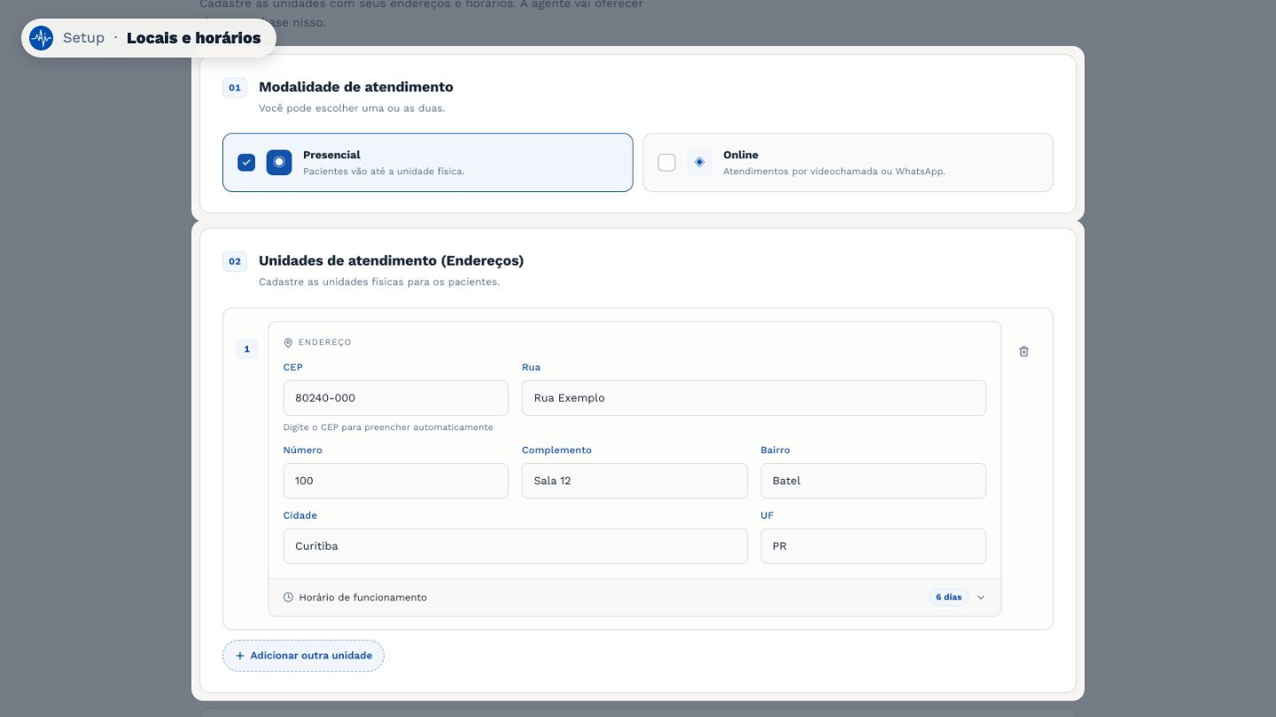 Em Locais e horários, diga se o atendimento é presencial, online ou os dois, e cadastre o endereço de cada unidade.