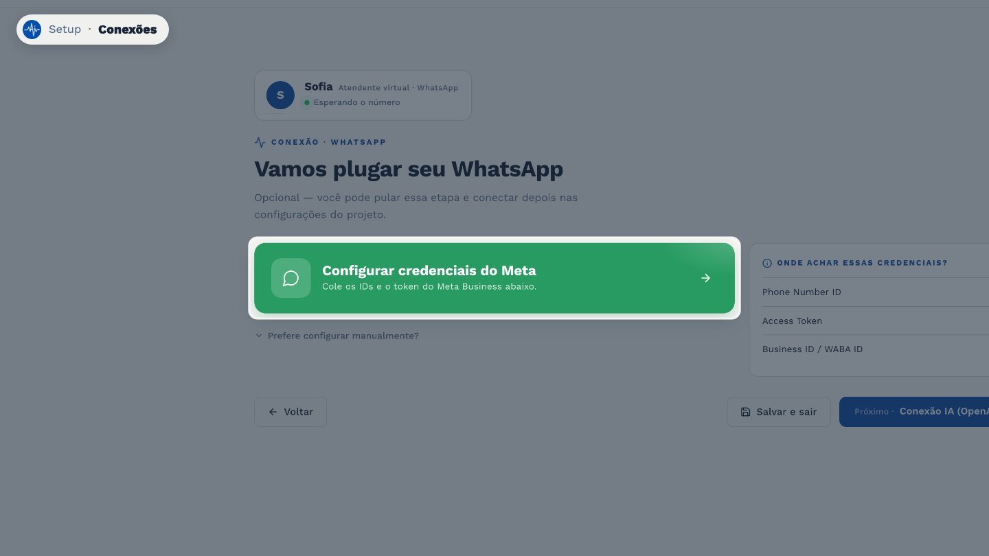 Em Conectar WhatsApp, cole as credenciais do Meta. Essa etapa é opcional: dá para conectar depois, nas Configurações.