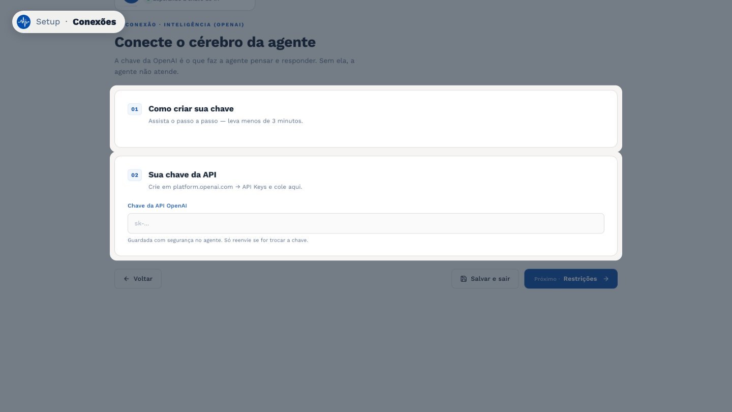 Em Conexão IA, cole a chave da OpenAI, que é o cérebro da agente. Se precisar, esta etapa tem um vídeo com o passo a passo para criar a chave.